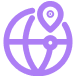 A purple outline icon of a globe with a location pin marker on its top right quadrant.